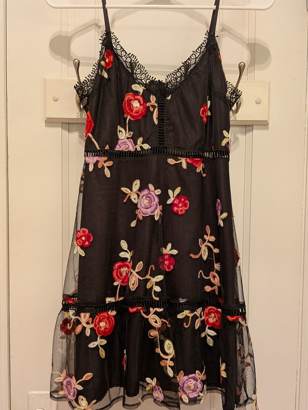 Black Floral Embroidered Misses Dress with Lace Trim